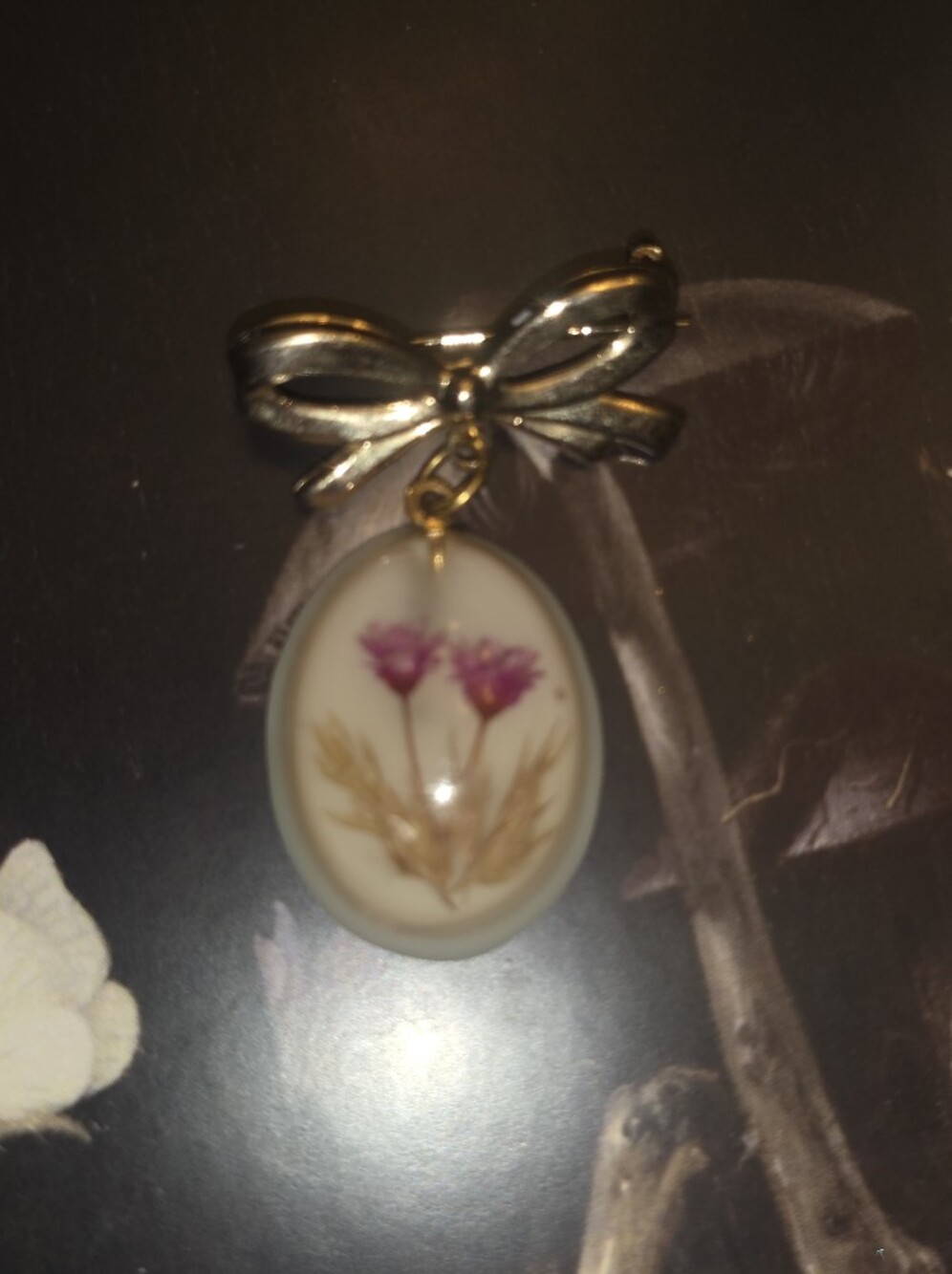 Vintage Pressed Pink Flowers In Resin Cabochon Attached To Gold Tone Pin/ Brooch